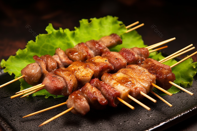 生菜叶子上放着餐饮店里的羊肉串背景图,高清,摄影图,摄影图片,图片大全,摄影图免费下载